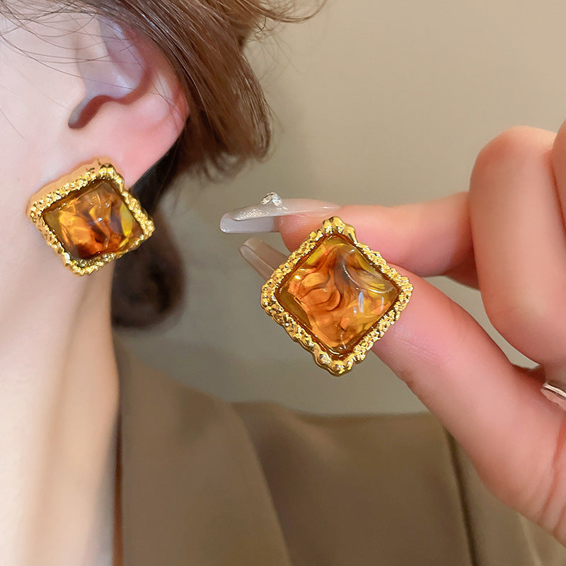 Silver Needle European And American Vintage Crumpled Resin Geometric Earrings