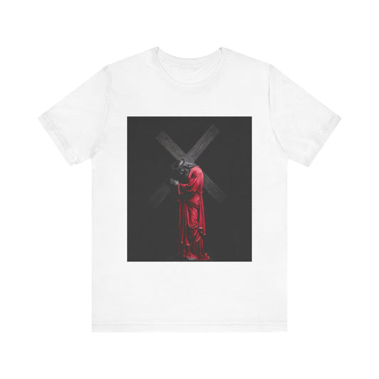 Stylish Graphic Tee - Unisex Jersey T-Shirt - A Portrait of Silent Strength and Unshakable Faith - Trendy Casual Wear, Unique Gift for Him/Her/It