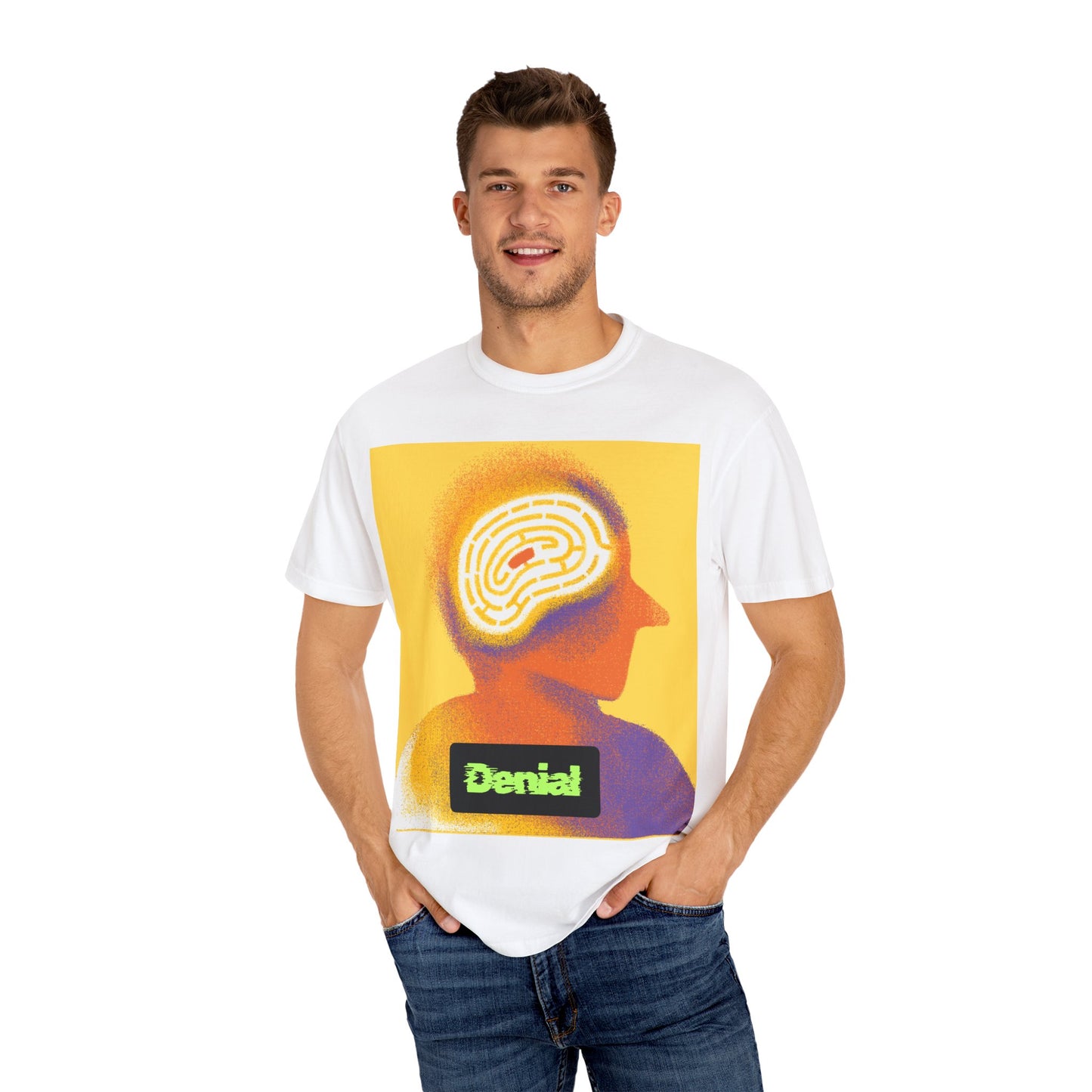 Denial Graphic Unisex T-Shirt, Colorful Mind Maze Tee, Perfect for Mental Health Awareness, Casual Wear, Gift for Friends