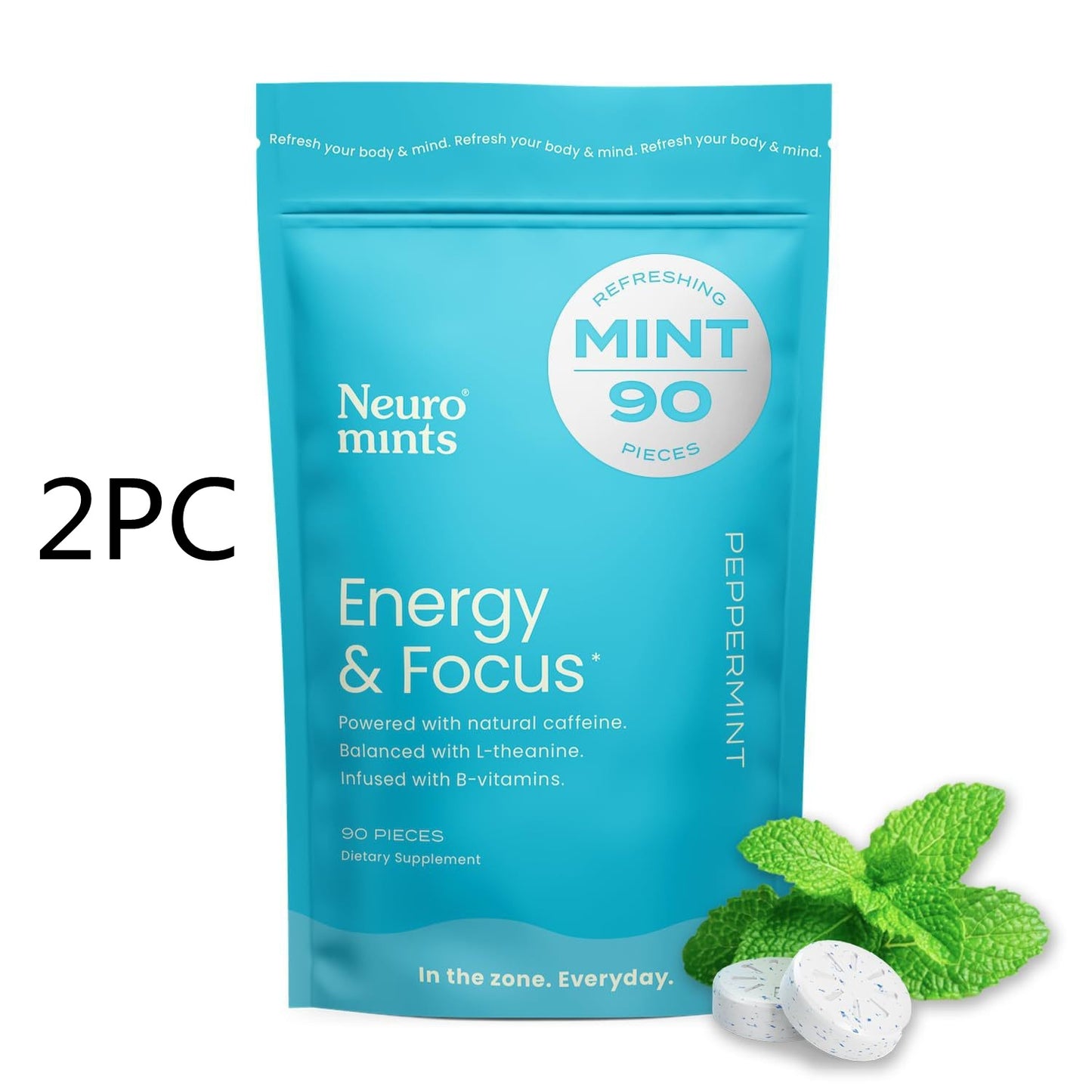NeuroGum Extra Strength Energy & Focus Gum (90 Count Bag, Peppermint/Cinnamon) | 100mg Natural Caffeine + L-Theanine + Vitamin B12 & B6 + Xylitol | Sugar Free Nootropic Cognitive Brain Performance Supplement