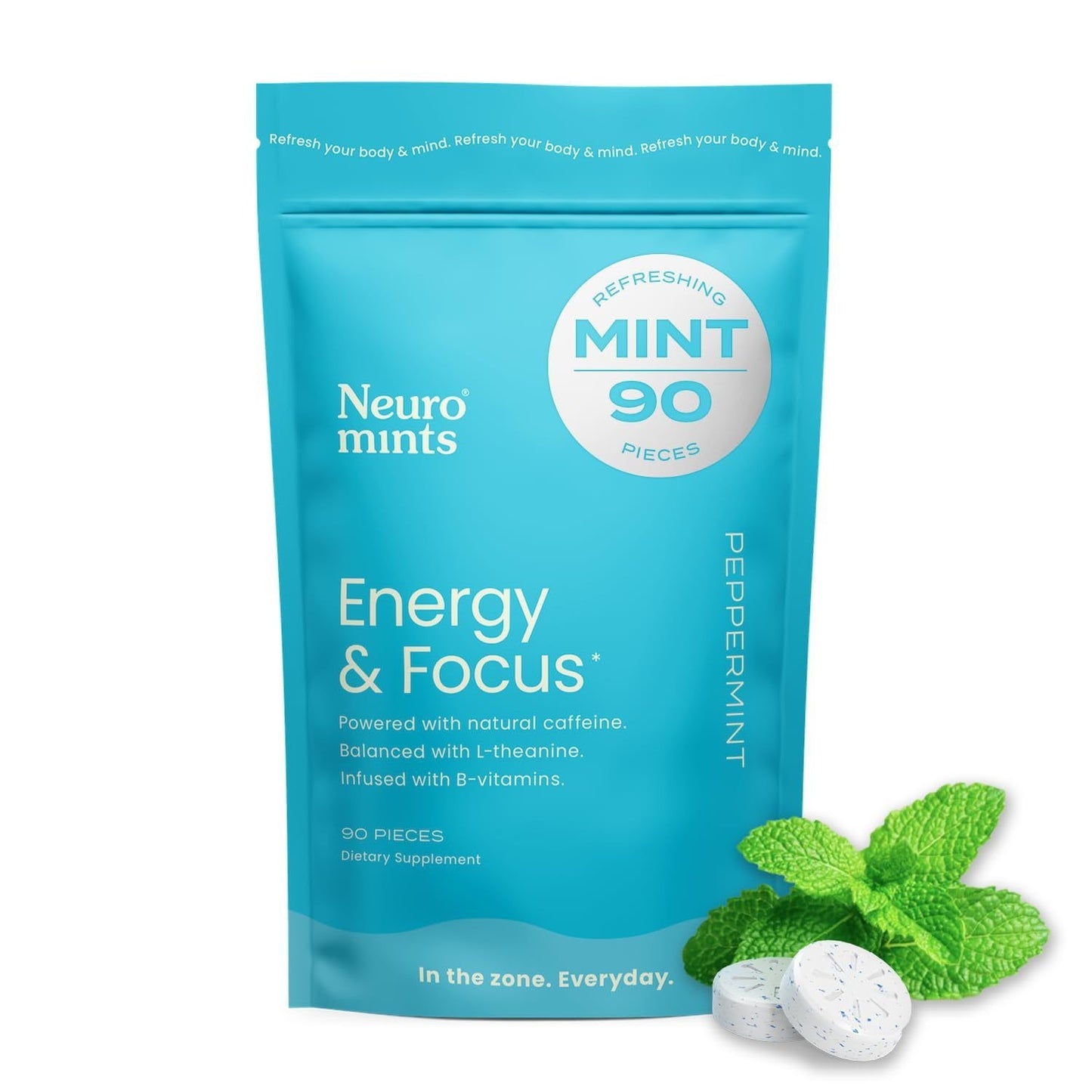 NeuroGum Extra Strength Energy & Focus Gum (90 Count Bag, Peppermint/Cinnamon) | 100mg Natural Caffeine + L-Theanine + Vitamin B12 & B6 + Xylitol | Sugar Free Nootropic Cognitive Brain Performance Supplement